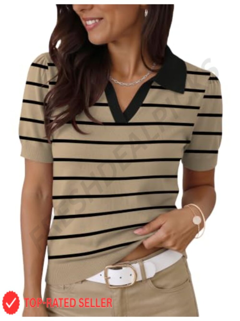 Puff Short Sleeve V-Neck Polo Sweater Ribbed Knit Casual Pullover Blouse